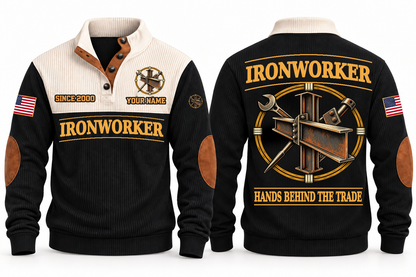 Ironworker Hands Behind the Trade Sports Sweatshirt in Black, front and back with structural steel beams, bolted connections and spud wrench, plus illustrative sample name and year.