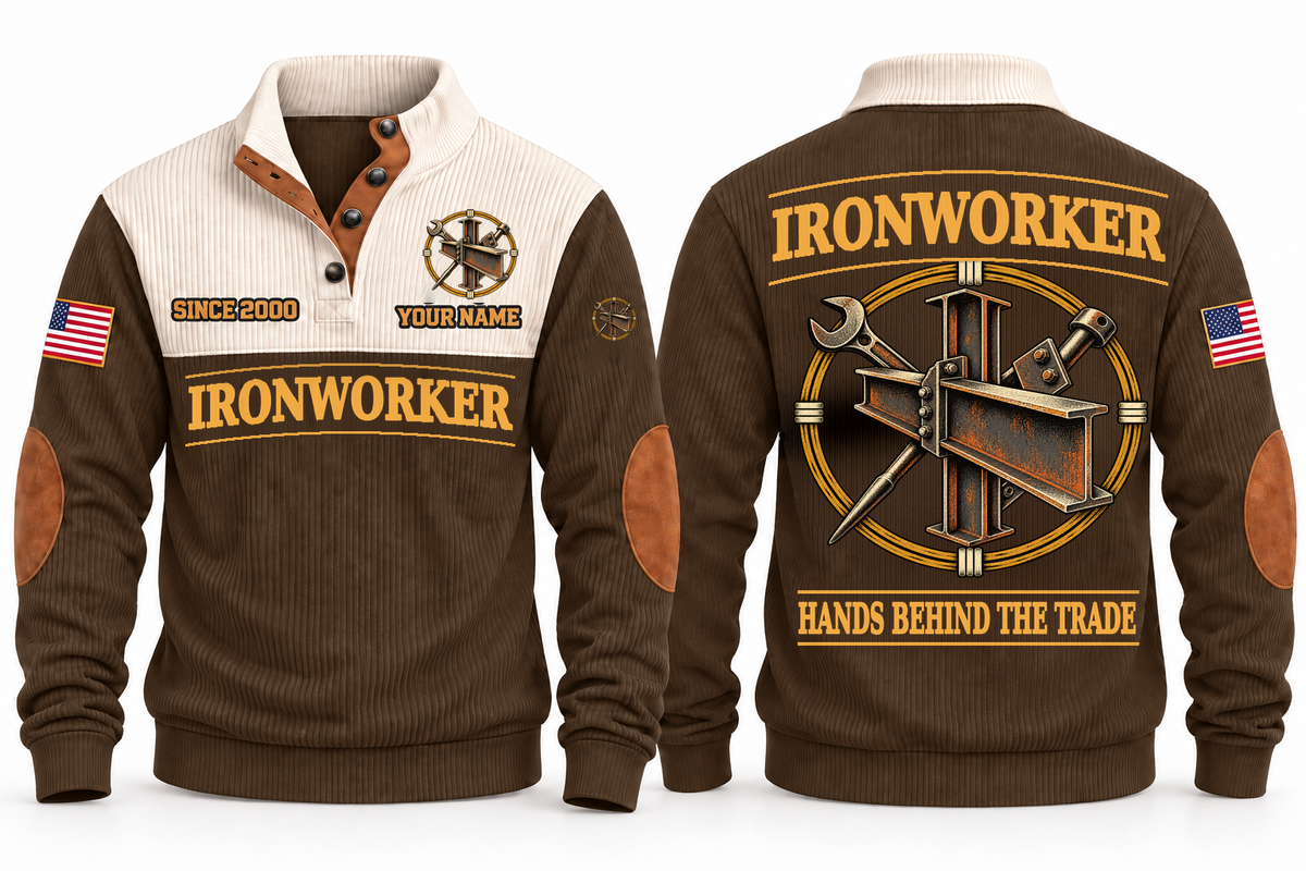Ironworker Hands Behind the Trade Sports Sweatshirt in Brown, front and back with structural steel beams, bolted connections and spud wrench, plus illustrative sample name and year.