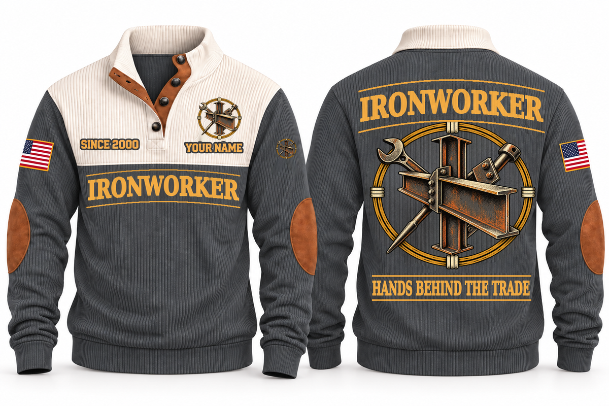 Ironworker Hands Behind the Trade Sports Sweatshirt in Grey, front and back with structural steel beams, bolted connections and spud wrench, plus illustrative sample name and year.