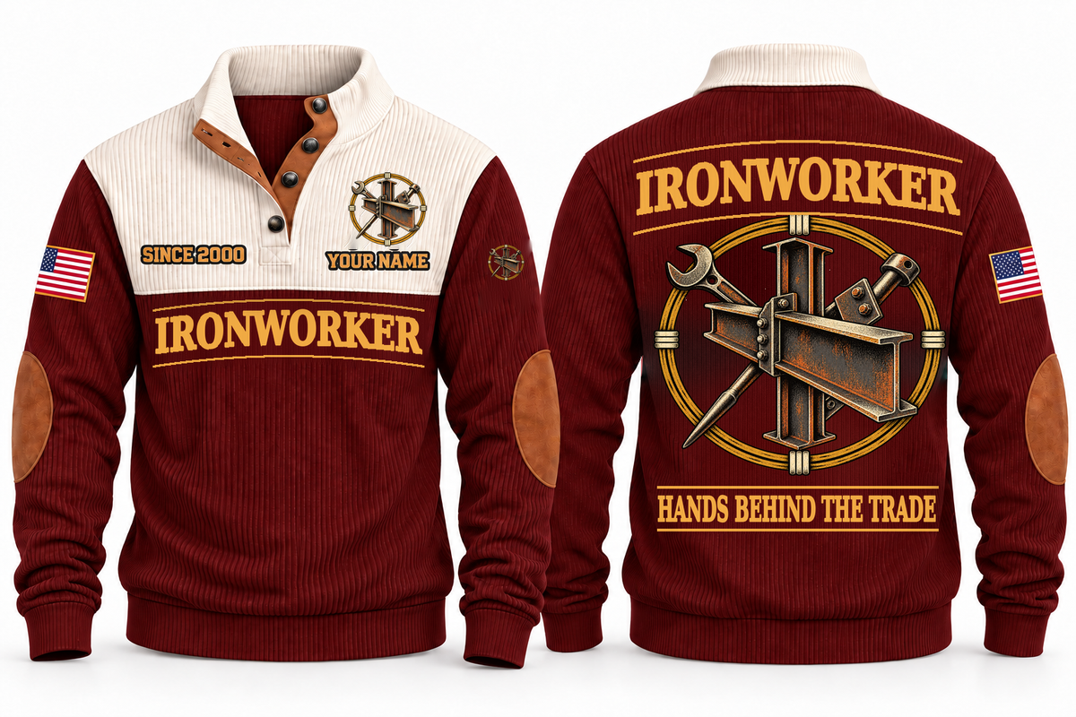 Ironworker Hands Behind the Trade Sports Sweatshirt in Jujube Red, front and back with structural steel beams, bolted connections and spud wrench, plus illustrative sample name and year.