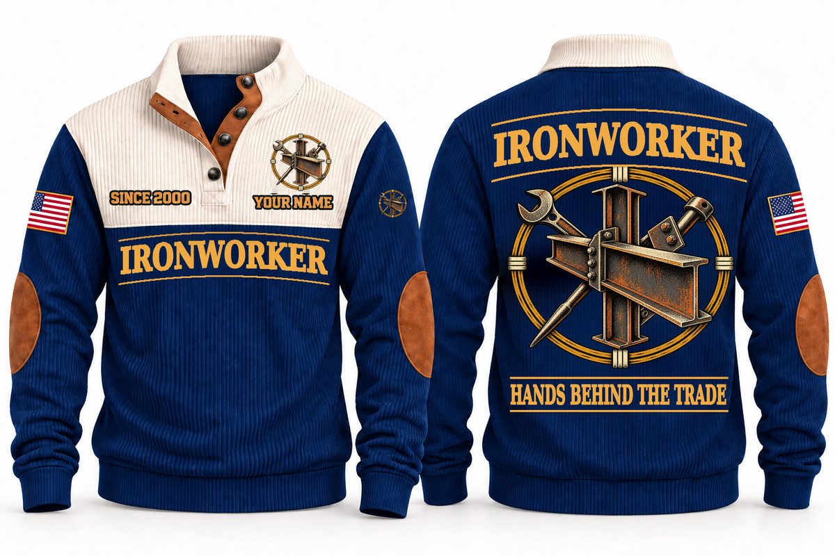 Ironworker Hands Behind the Trade Sports Sweatshirt in Navy, front and back with structural steel beams, bolted connections and spud wrench, plus illustrative sample name and year.