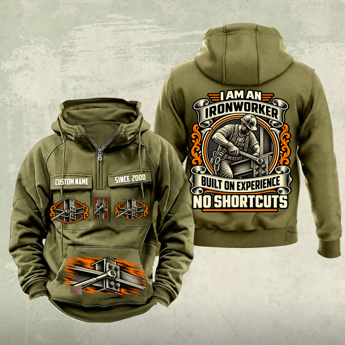 Ironworker Heritage Crest Vintage Hoodie in Military Green, source-faithful front and back views with an ornate trade portrait crest, matching chest and pouch badges, and illustrative CUSTOM NAME and SINCE 2000 samples.