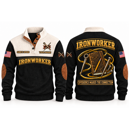 Ironworker Steelwork Knowledge Sports Sweatshirt in Black, front and back garment views with steelwork notebook, pencil, spud wrench, connecting pin and bolts, EXPERIENCE MAKES THE CONNECTION lettering and source sample YOUR NAME and SINCE 2000 text.