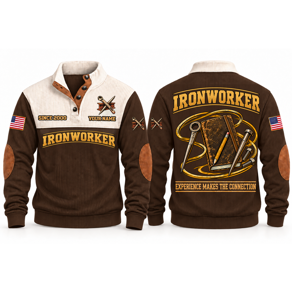 Ironworker Steelwork Knowledge Sports Sweatshirt in Brown, front and back garment views with steelwork notebook, pencil, spud wrench, connecting pin and bolts, EXPERIENCE MAKES THE CONNECTION lettering and source sample YOUR NAME and SINCE 2000 text.