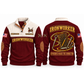 Ironworker Steelwork Knowledge Sports Sweatshirt in Jujube Red, front and back garment views with steelwork notebook, pencil, spud wrench, connecting pin and bolts, EXPERIENCE MAKES THE CONNECTION lettering and source sample YOUR NAME and SINCE 2000 text.