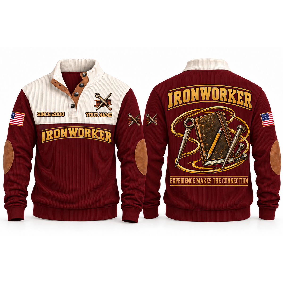 Ironworker Steelwork Knowledge Sports Sweatshirt in Jujube Red, front and back garment views with steelwork notebook, pencil, spud wrench, connecting pin and bolts, EXPERIENCE MAKES THE CONNECTION lettering and source sample YOUR NAME and SINCE 2000 text.