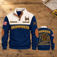Ironworker Steelwork Knowledge Sports Sweatshirt in Navy, source-faithful front and back views on a warm wooden workbench, with STEELWORK KNOWLEDGE headline.