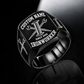 Black Ironworker Bold Lettering Signet Ring with an I-beam, crossed spud-wrench engraving, matching shoulder motifs, and CUSTOM NAME and SINCE 2000 sample text.