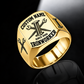 Gold Ironworker Bold Lettering Signet Ring with an I-beam, crossed spud-wrench engraving, matching shoulder motifs, and CUSTOM NAME and SINCE 2000 sample text.