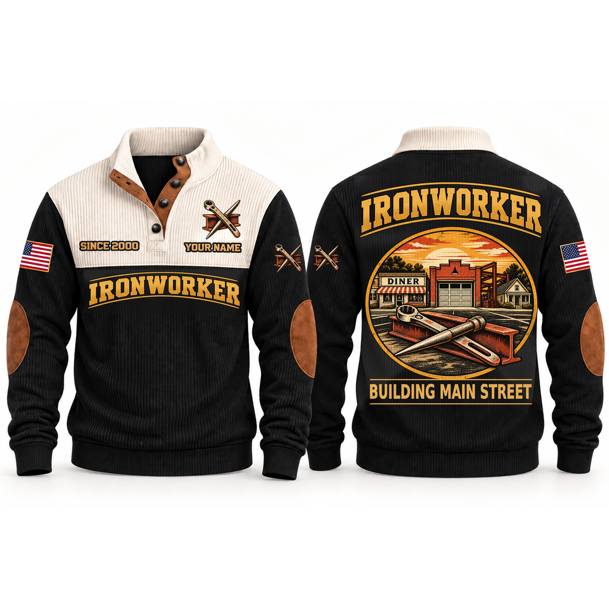Ironworker Main Street Steel Sports Sweatshirt in Black, front and back garment views with steel I-beam, spud wrench and connecting pin, nostalgic Main Street town illustration, BUILDING MAIN STREET lettering and source sample YOUR NAME and SINCE 2000 text.