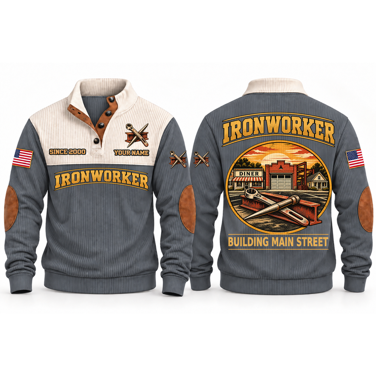 Ironworker Main Street Steel Sports Sweatshirt in Grey, front and back garment views with steel I-beam, spud wrench and connecting pin, nostalgic Main Street town illustration, BUILDING MAIN STREET lettering and source sample YOUR NAME and SINCE 2000 text.