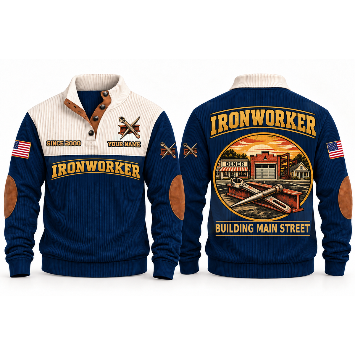 Ironworker Main Street Steel Sports Sweatshirt in Navy, front and back garment views with steel I-beam, spud wrench and connecting pin, nostalgic Main Street town illustration, BUILDING MAIN STREET lettering and source sample YOUR NAME and SINCE 2000 text.