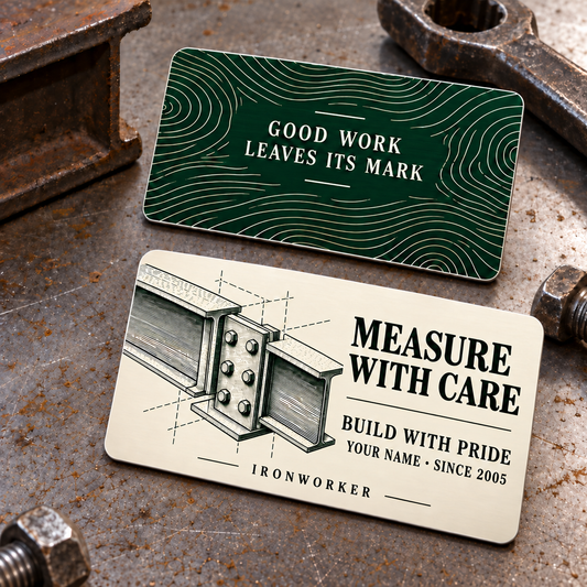 Ironworker Measure with Care aluminum wallet card, with an ivory bolted-steel-joint front and deep green Good Work Leaves Its Mark reverse.
