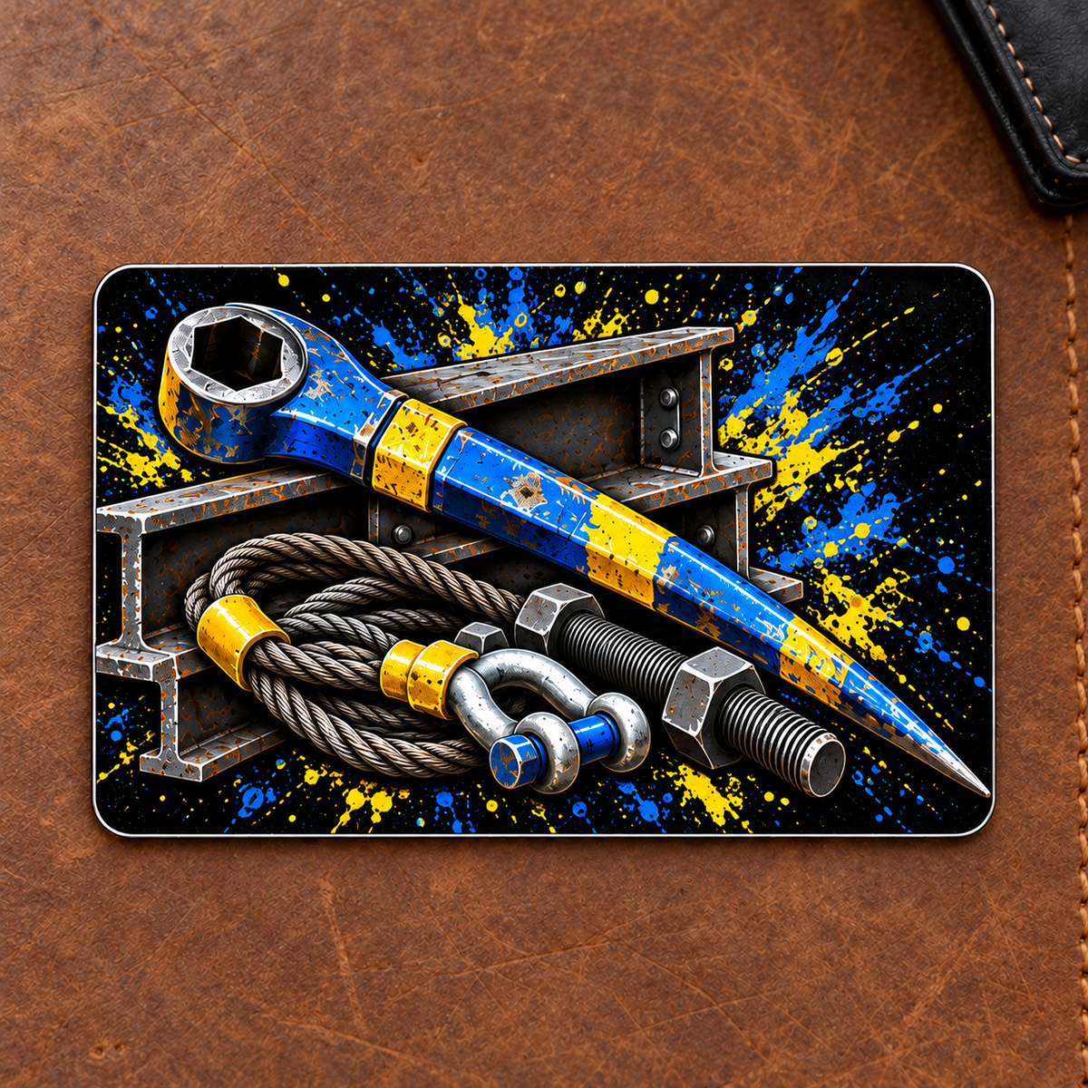 Text-free reverse of an Ironworker Midnight Pride aluminum wallet card showing a blue-yellow spud wrench, structural I-beams, threaded bolts and braided sling over black paint-splatter artwork.
