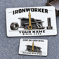 Front and reverse of an Ironworker Minimal Tool Grid aluminum wallet card with structural-steel toolkit illustrations and Every Day. Every Detail. and Building with Steel messages.