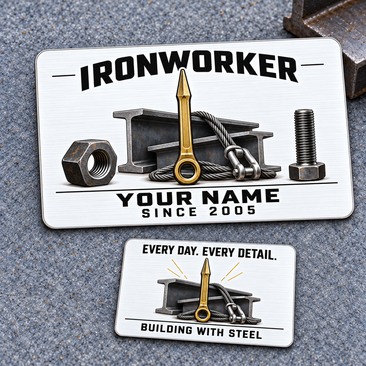 Front and reverse of an Ironworker Minimal Tool Grid aluminum wallet card with structural-steel toolkit illustrations and Every Day. Every Detail. and Building with Steel messages.