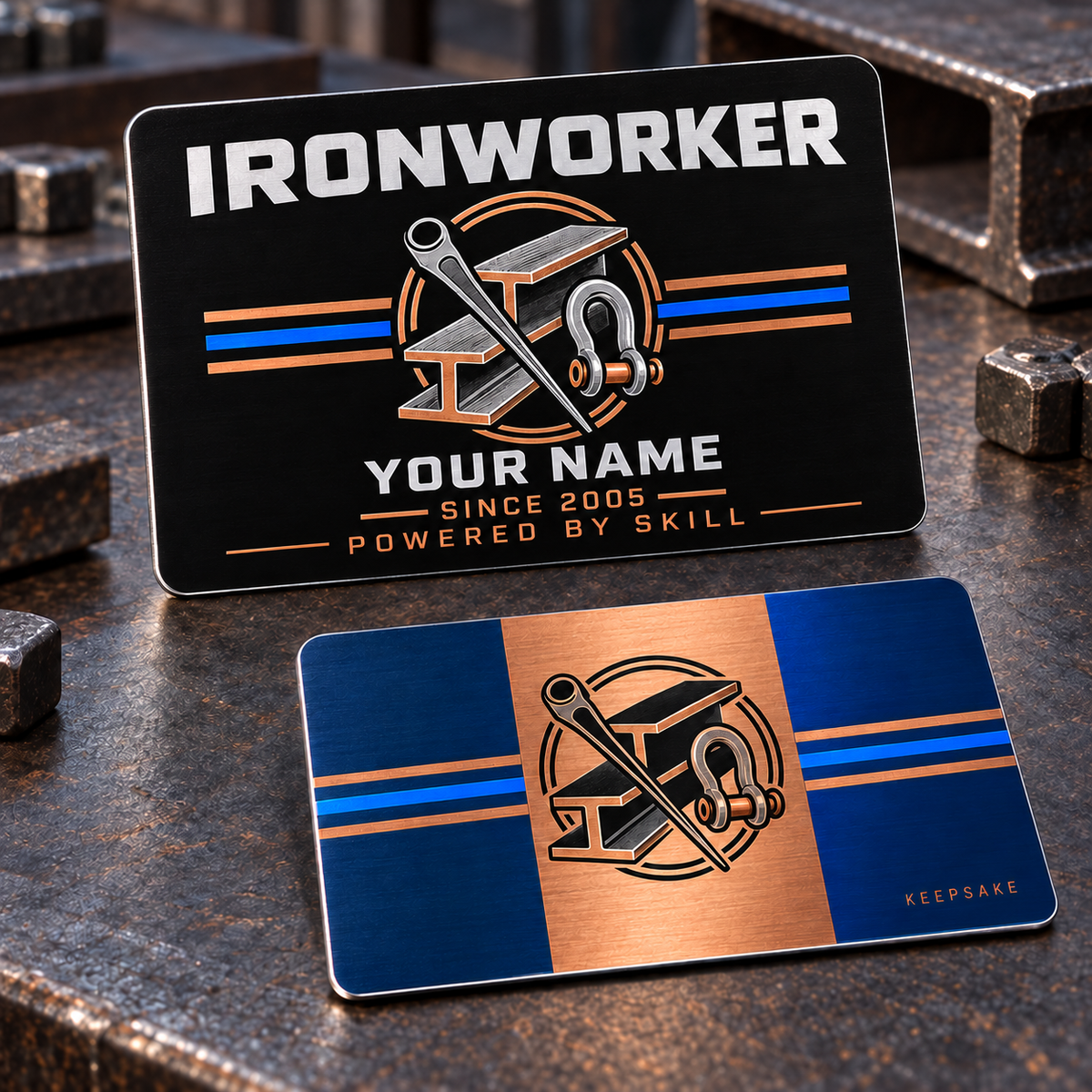 Front and reverse of the Ironworker Night Shift aluminum wallet card: black lettered front with steel beam, tapered wrench and rigging shackle; blue-and-copper striped reverse with matching emblem.