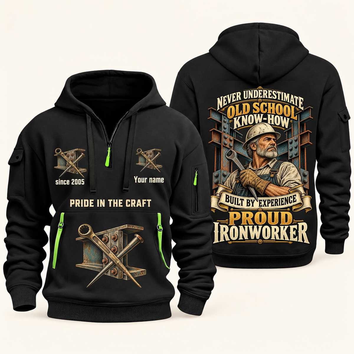Ironworker Old School Know-How quarter-zip hoodie in Black, front and back, fixed sample name and year artwork