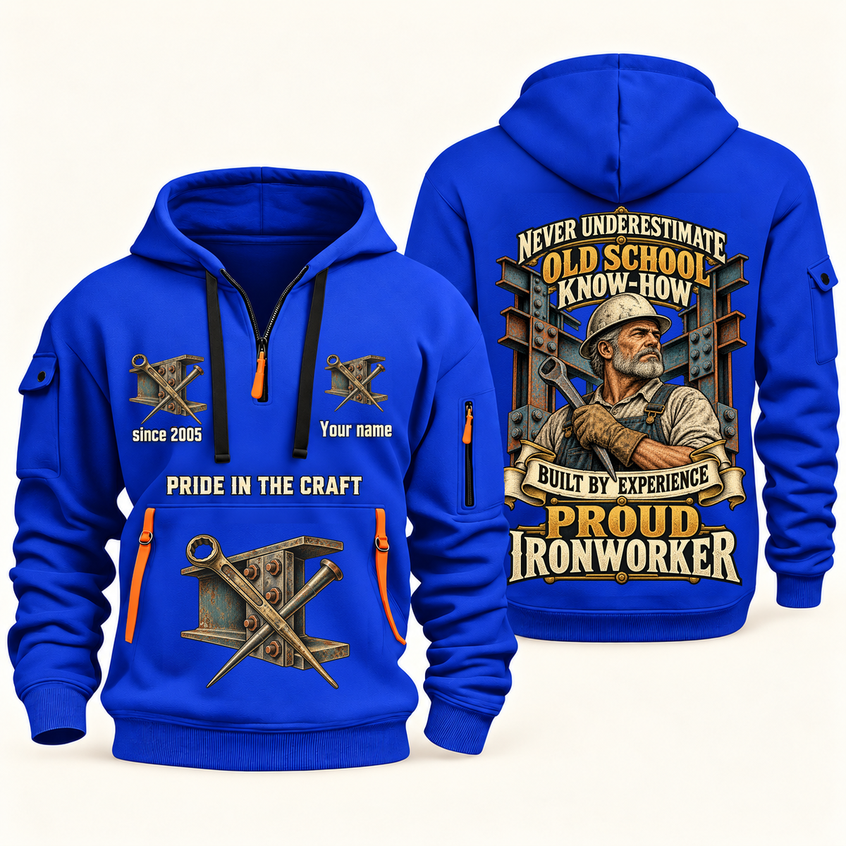 Ironworker Old School Know-How quarter-zip hoodie in Blue, front and back, fixed sample name and year artwork