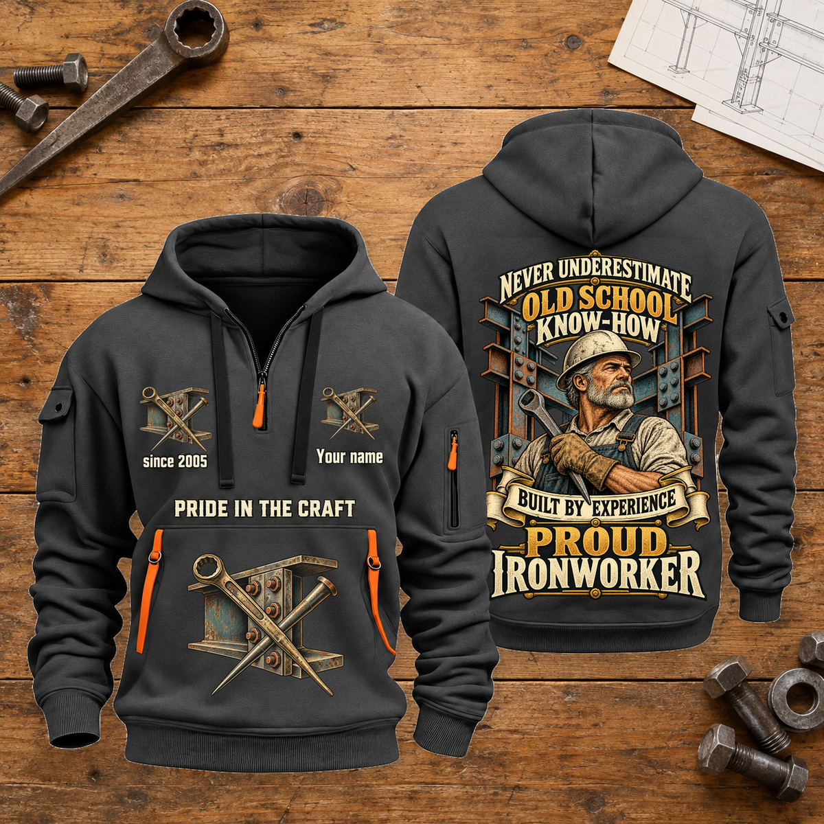 Ironworker Old School Know-How quarter-zip hoodie in Gray, front and back, fixed sample name and year artwork