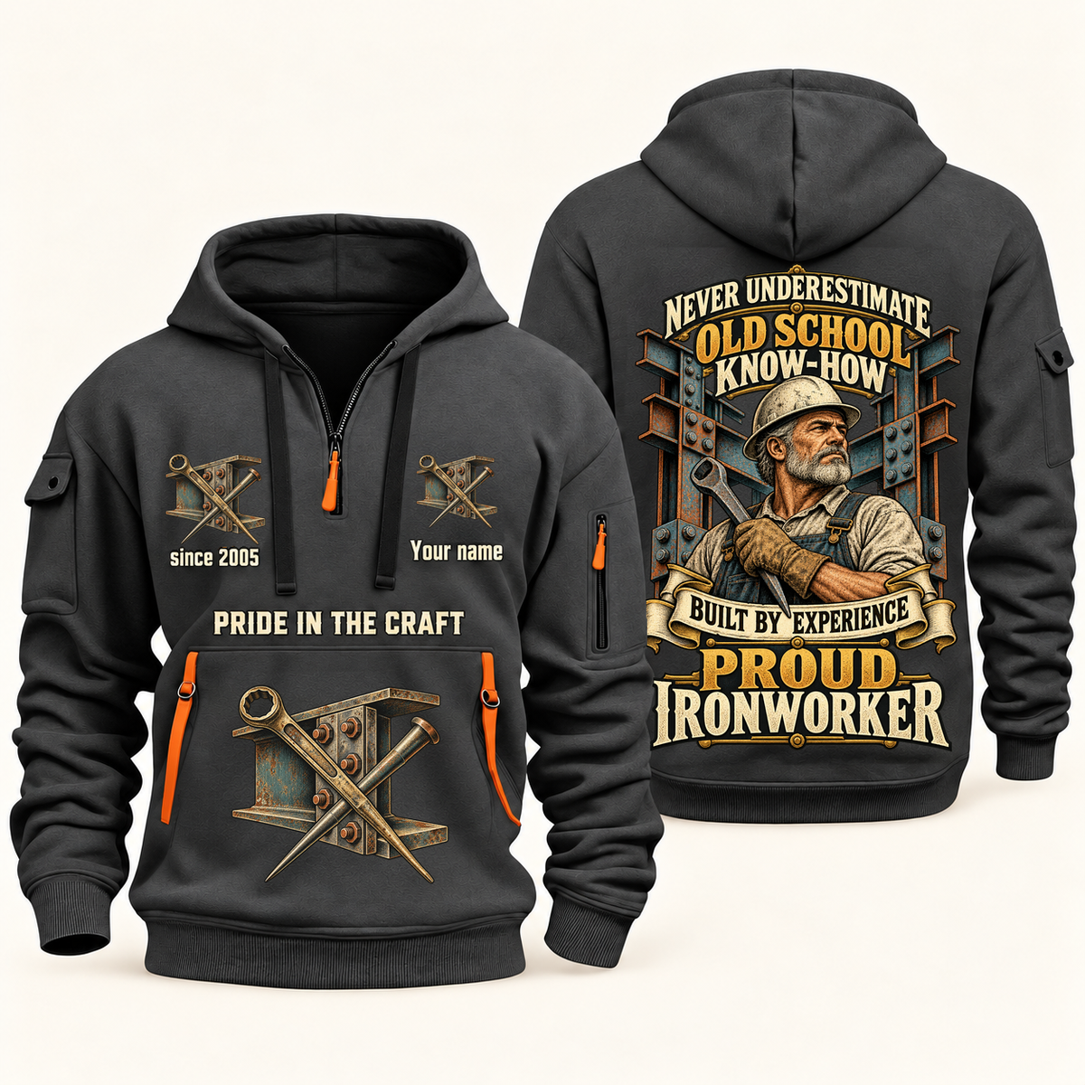 Ironworker Old School Know-How quarter-zip hoodie in Gray, front and back, fixed sample name and year artwork