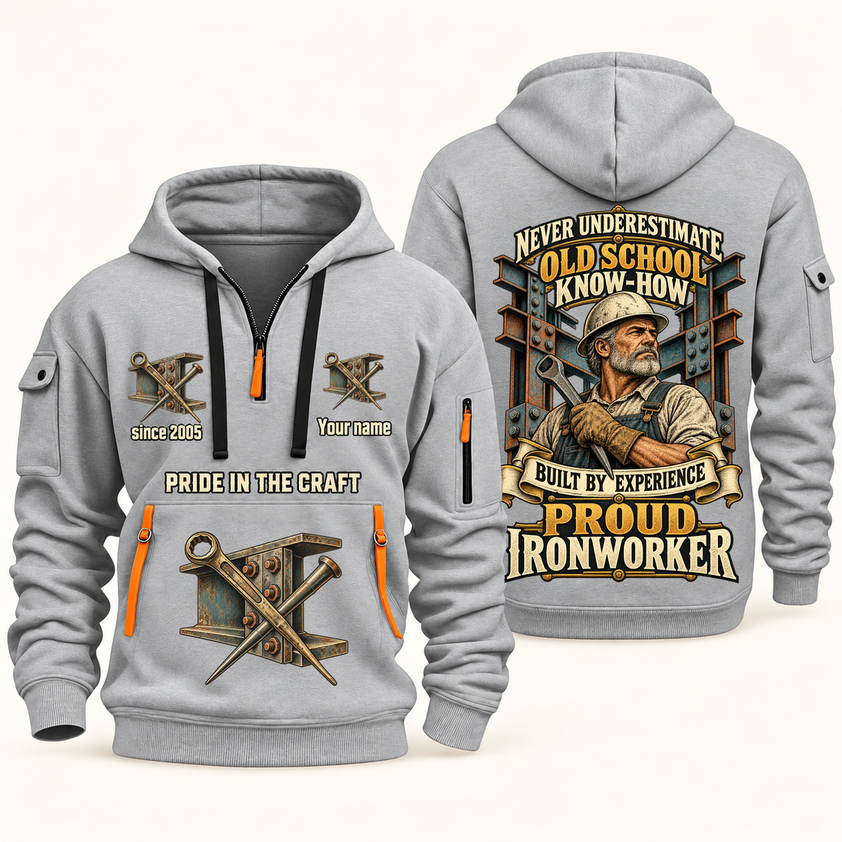 Ironworker Old School Know-How quarter-zip hoodie in Light Grey, front and back, fixed sample name and year artwork