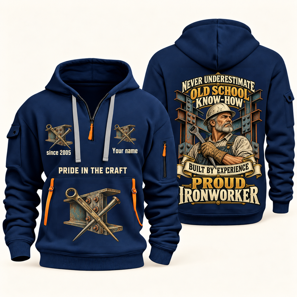 Ironworker Old School Know-How quarter-zip hoodie in Navy, front and back, fixed sample name and year artwork