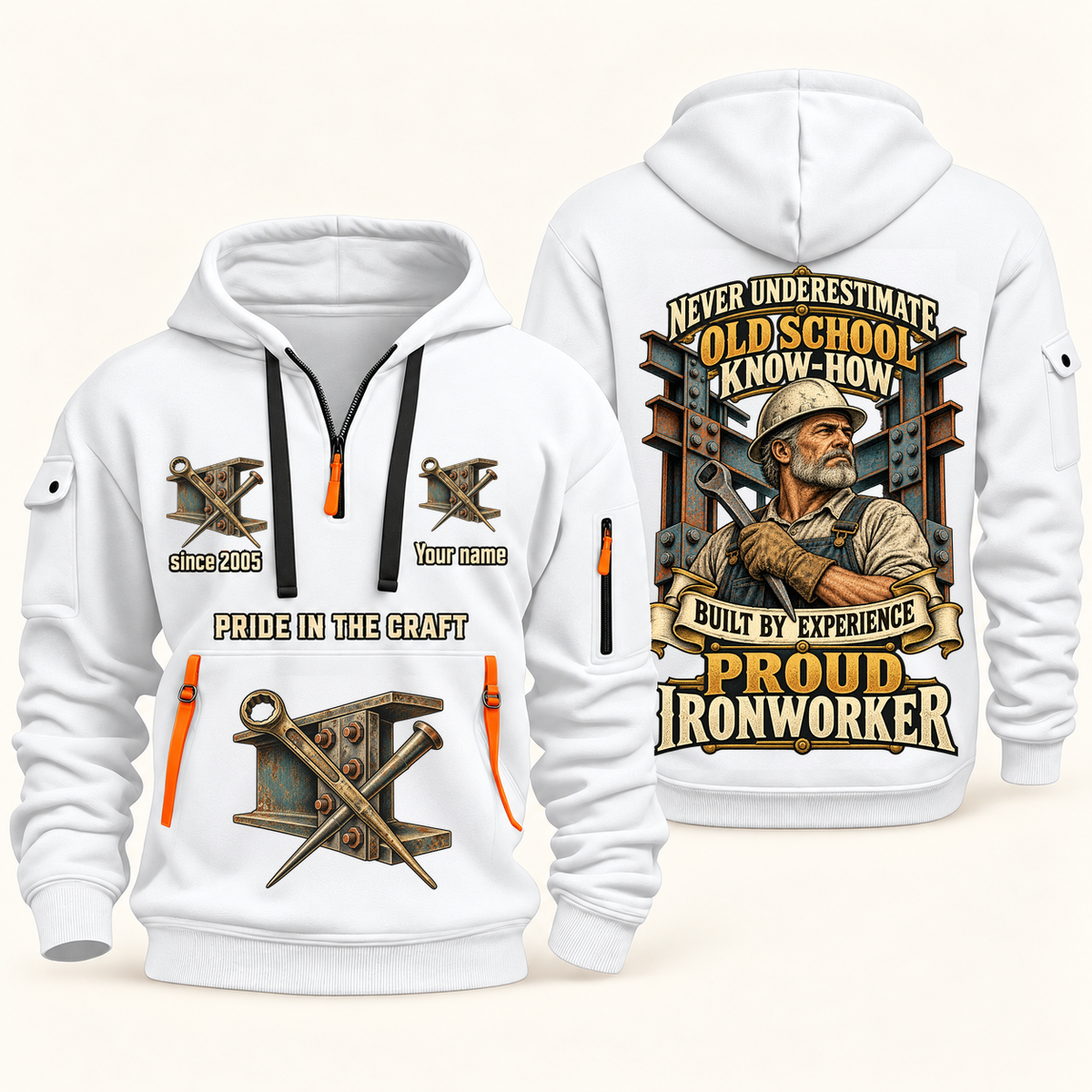 Ironworker Old School Know-How quarter-zip hoodie in White, front and back, fixed sample name and year artwork