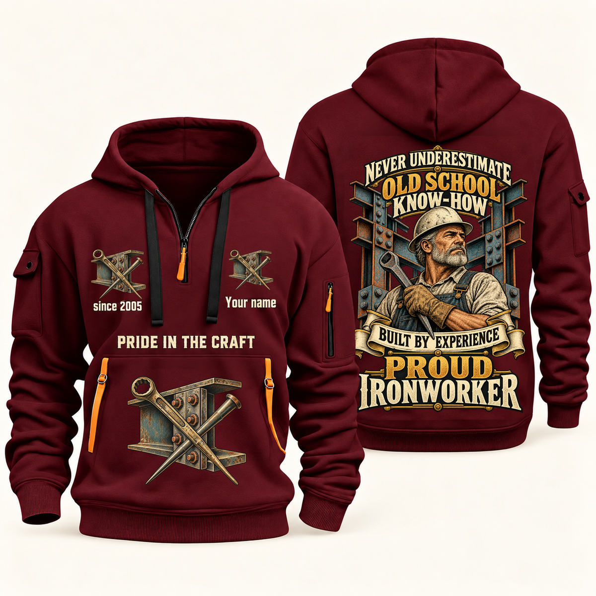 Ironworker Old School Know-How quarter-zip hoodie in Wine Red, front and back, fixed sample name and year artwork