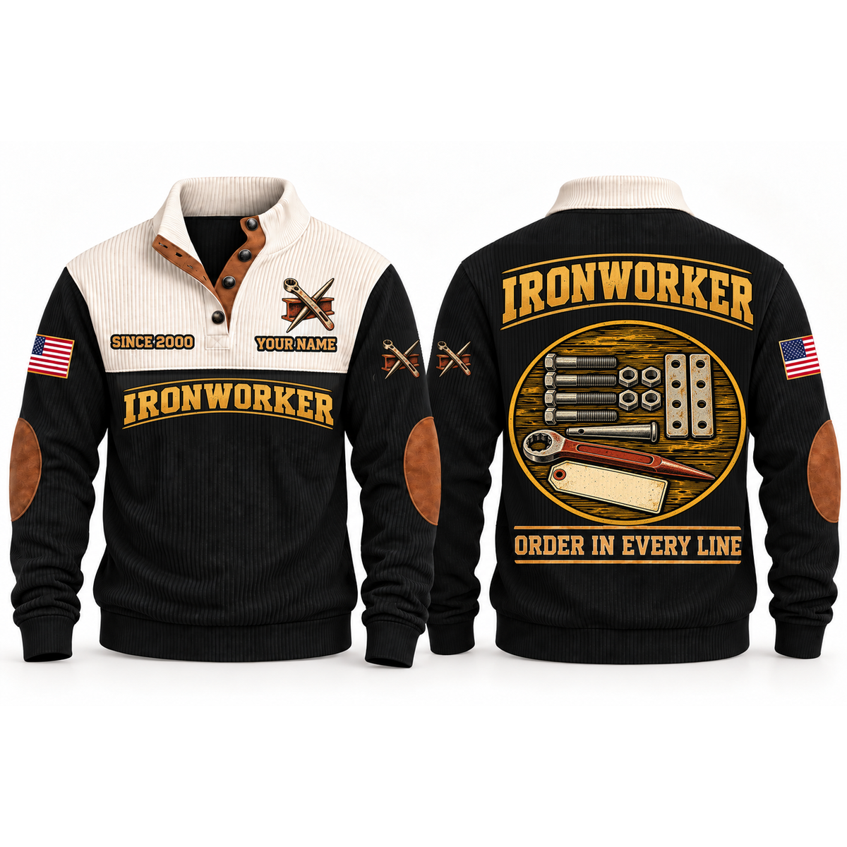 Ironworker Steelwork Order Sports Sweatshirt in Black, front and back garment views with aligned bolts, hex nuts, connection plates, connecting pin and spud wrench, orderly top-down trade equipment, ORDER IN EVERY LINE lettering and source sample YOUR NAME and SINCE 2000 text.