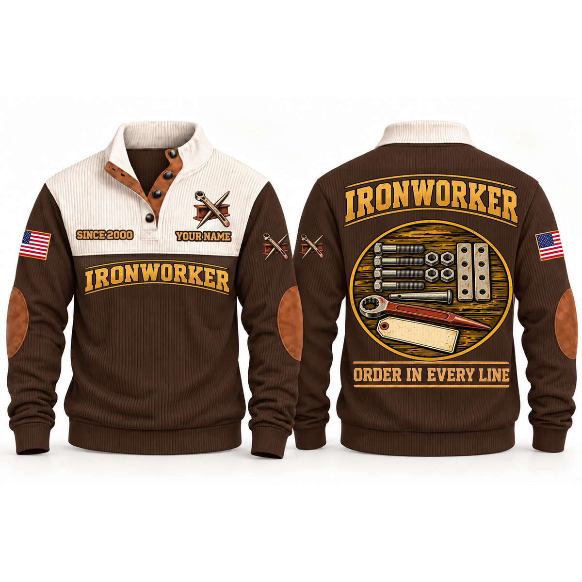 Ironworker Steelwork Order Sports Sweatshirt in Brown, front and back garment views with aligned bolts, hex nuts, connection plates, connecting pin and spud wrench, orderly top-down trade equipment, ORDER IN EVERY LINE lettering and source sample YOUR NAME and SINCE 2000 text.