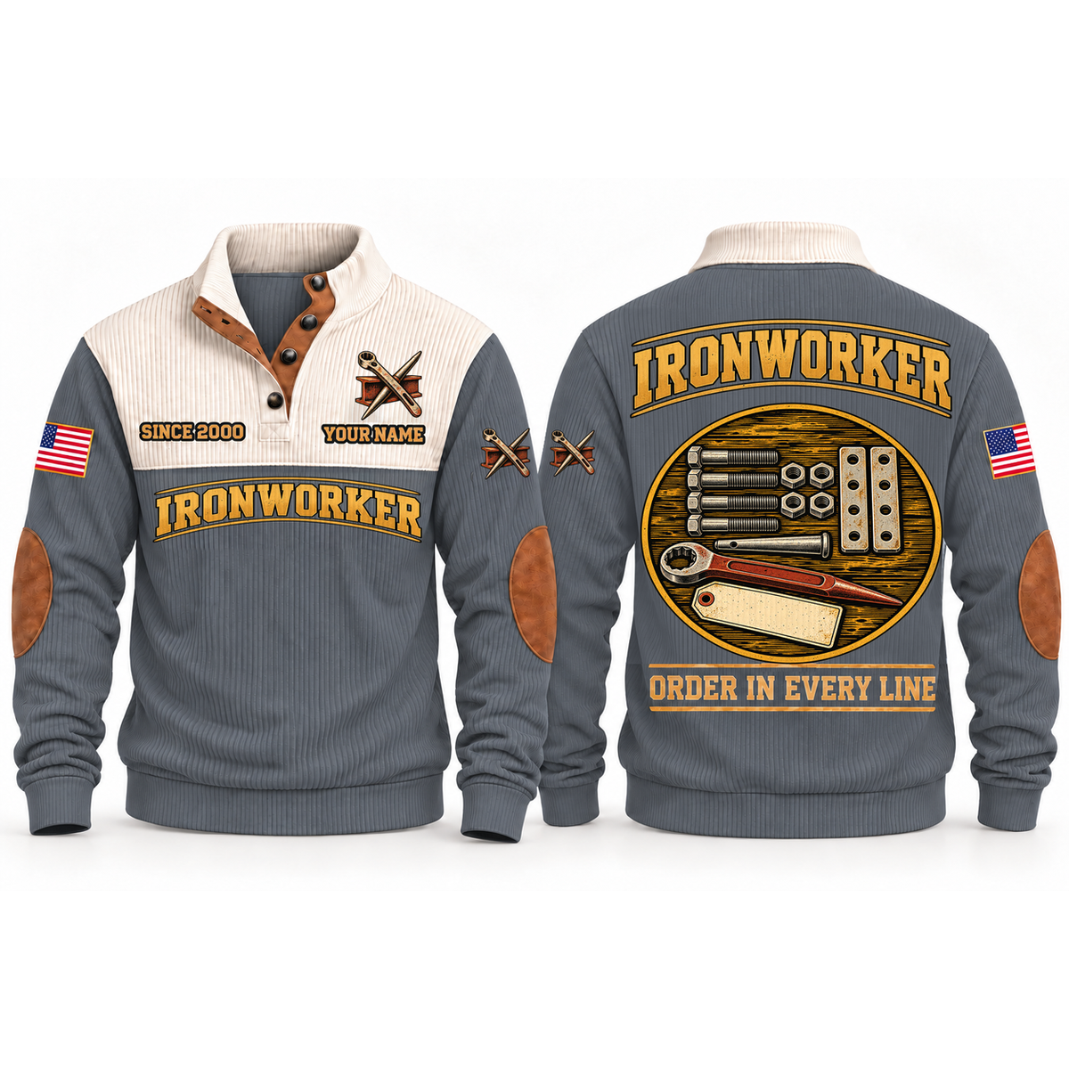 Ironworker Steelwork Order Sports Sweatshirt in Grey, front and back garment views with aligned bolts, hex nuts, connection plates, connecting pin and spud wrench, orderly top-down trade equipment, ORDER IN EVERY LINE lettering and source sample YOUR NAME and SINCE 2000 text.