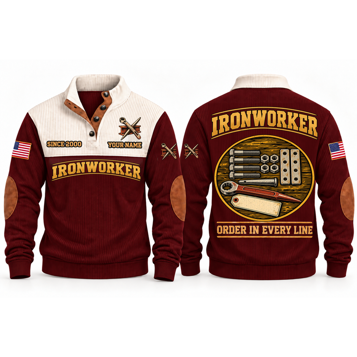 Ironworker Steelwork Order Sports Sweatshirt in Jujube Red, front and back garment views with aligned bolts, hex nuts, connection plates, connecting pin and spud wrench, orderly top-down trade equipment, ORDER IN EVERY LINE lettering and source sample YOUR NAME and SINCE 2000 text.