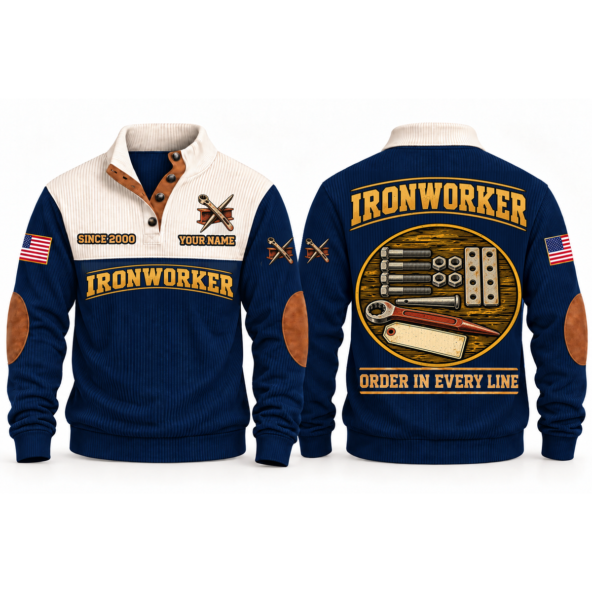 Ironworker Steelwork Order Sports Sweatshirt in Navy, front and back garment views with aligned bolts, hex nuts, connection plates, connecting pin and spud wrench, orderly top-down trade equipment, ORDER IN EVERY LINE lettering and source sample YOUR NAME and SINCE 2000 text.
