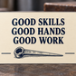 Cream reverse of the Ironworker Pass on the Craft aluminum wallet card, with Good Skills, Good Hands, Good Work lettering and a navy spud wrench.