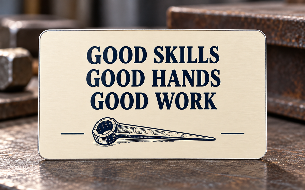 Cream reverse of the Ironworker Pass on the Craft aluminum wallet card, with Good Skills, Good Hands, Good Work lettering and a navy spud wrench.