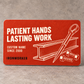 Terracotta front of the Ironworker Patient Hands aluminum wallet card with cream steel I-beam, tapered spud wrench and bolt artwork.
