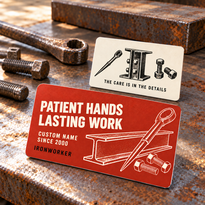Ironworker Patient Hands aluminum wallet card with terracotta front and cream reverse, steel I-beam, spud-wrench and bolt artwork on a stationary steel workbench.