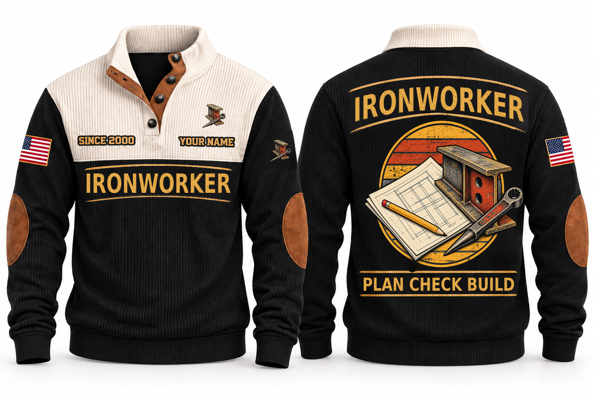 Ironworker Plan Check Build Sports Sweatshirt in Black, original front and back views. A structural steel I-beam and tapered spud wrench over a plan sheet and pencil within a distressed sunset roundel. IRONWORKER and PLAN CHECK BUILD lettering; YOUR NAME and SINCE 2000 are fixed illustrative sample text.