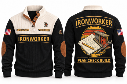 Ironworker Plan Check Build Sports Sweatshirt in Black, original front and back views. A structural steel I-beam and tapered spud wrench over a plan sheet and pencil within a distressed sunset roundel. IRONWORKER and PLAN CHECK BUILD lettering; YOUR NAME and SINCE 2000 are fixed illustrative sample text.