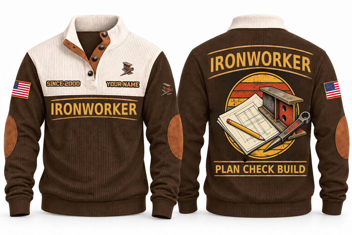 Ironworker Plan Check Build Sports Sweatshirt in Brown, original front and back views. A structural steel I-beam and tapered spud wrench over a plan sheet and pencil within a distressed sunset roundel. IRONWORKER and PLAN CHECK BUILD lettering; YOUR NAME and SINCE 2000 are fixed illustrative sample text.