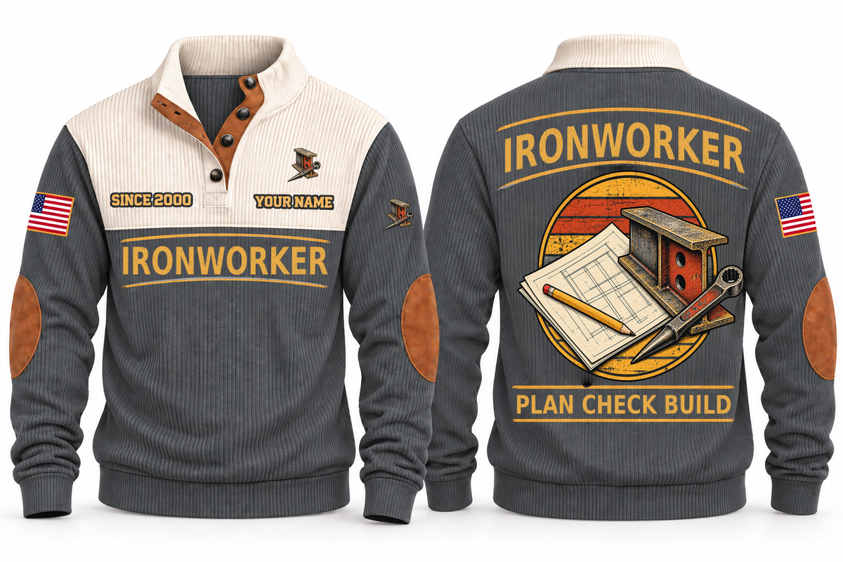 Ironworker Plan Check Build Sports Sweatshirt in Grey, original front and back views. A structural steel I-beam and tapered spud wrench over a plan sheet and pencil within a distressed sunset roundel. IRONWORKER and PLAN CHECK BUILD lettering; YOUR NAME and SINCE 2000 are fixed illustrative sample text.