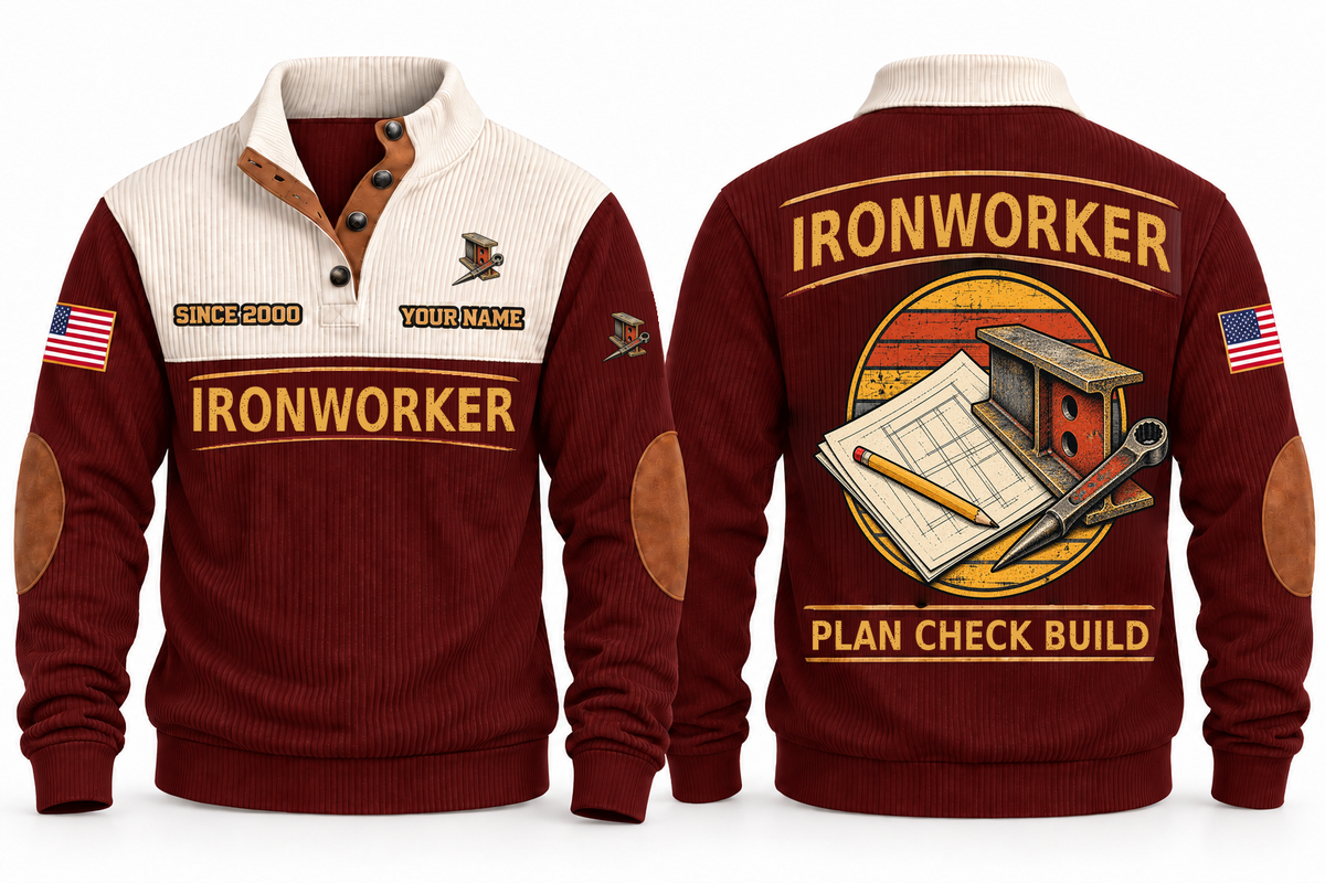 Ironworker Plan Check Build Sports Sweatshirt in Jujube Red, original front and back views. A structural steel I-beam and tapered spud wrench over a plan sheet and pencil within a distressed sunset roundel. IRONWORKER and PLAN CHECK BUILD lettering; YOUR NAME and SINCE 2000 are fixed illustrative sample text.