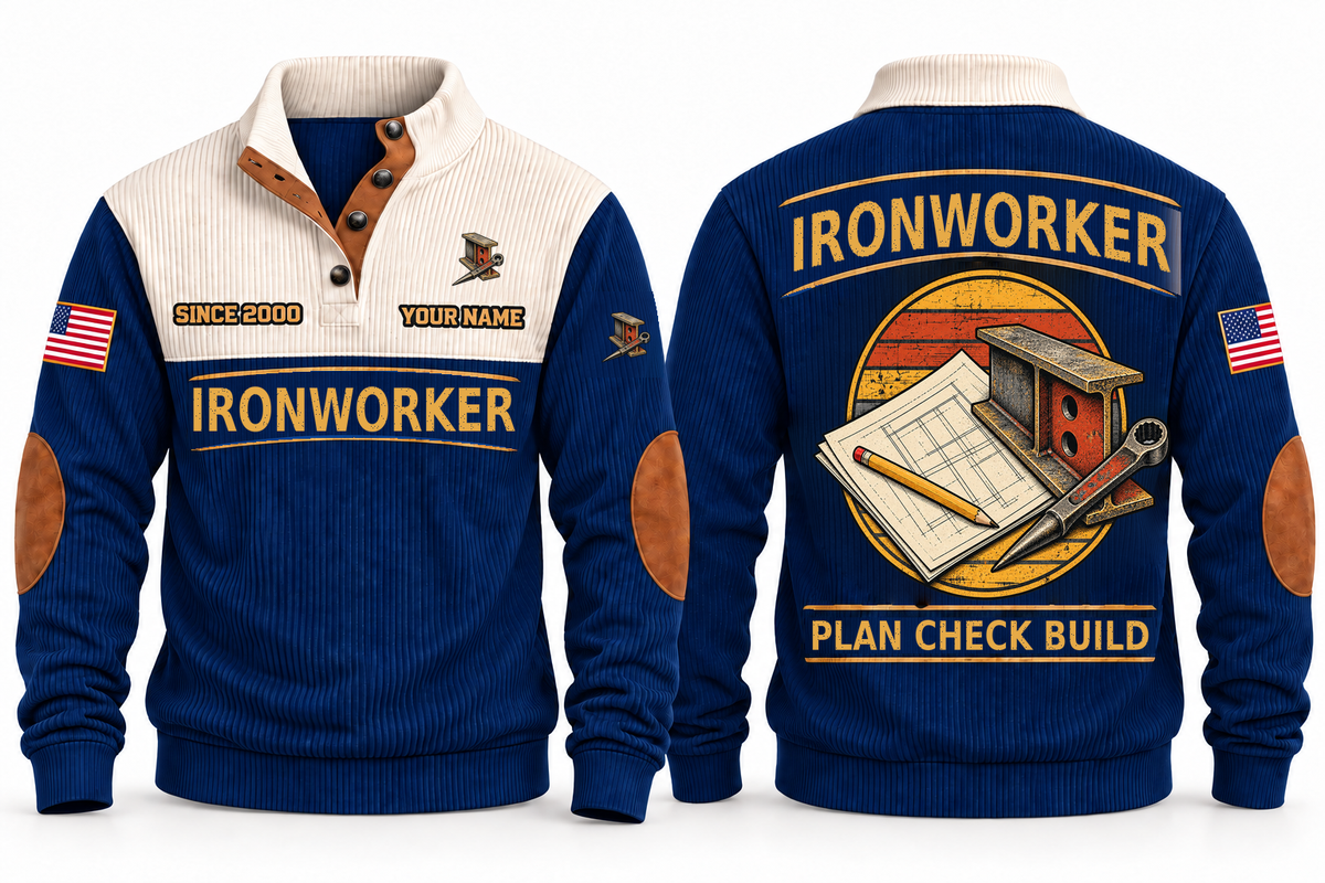 Ironworker Plan Check Build Sports Sweatshirt in Navy, original front and back views. A structural steel I-beam and tapered spud wrench over a plan sheet and pencil within a distressed sunset roundel. IRONWORKER and PLAN CHECK BUILD lettering; YOUR NAME and SINCE 2000 are fixed illustrative sample text.