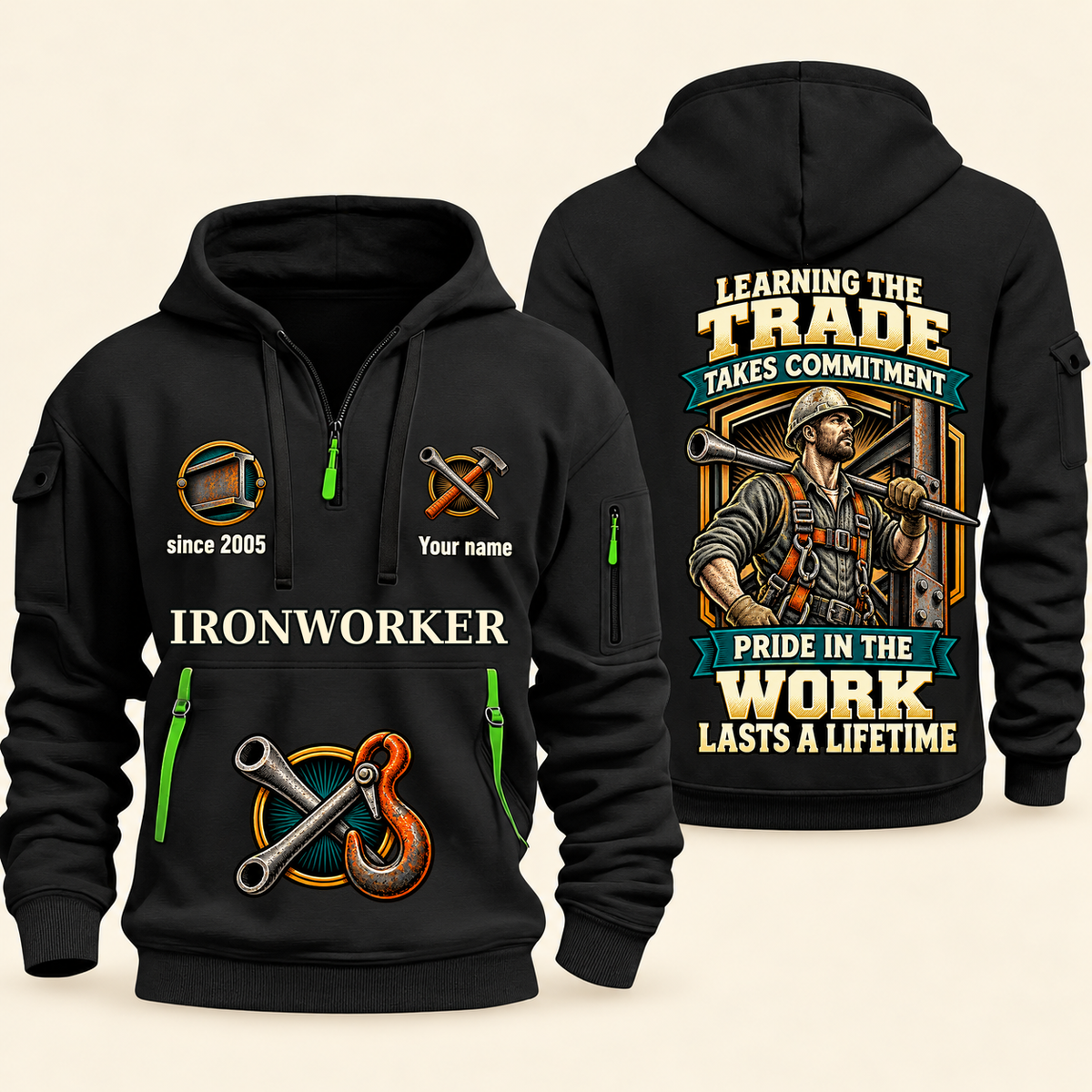 Ironworker Pride in the Trade Quarter-Zip Hoodie in Black, authentic overlapping front and back views with ironworker artwork and source sample name/year lettering.