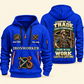 Ironworker Pride in the Trade Quarter-Zip Hoodie in Blue, authentic overlapping front and back views with ironworker artwork and source sample name/year lettering.