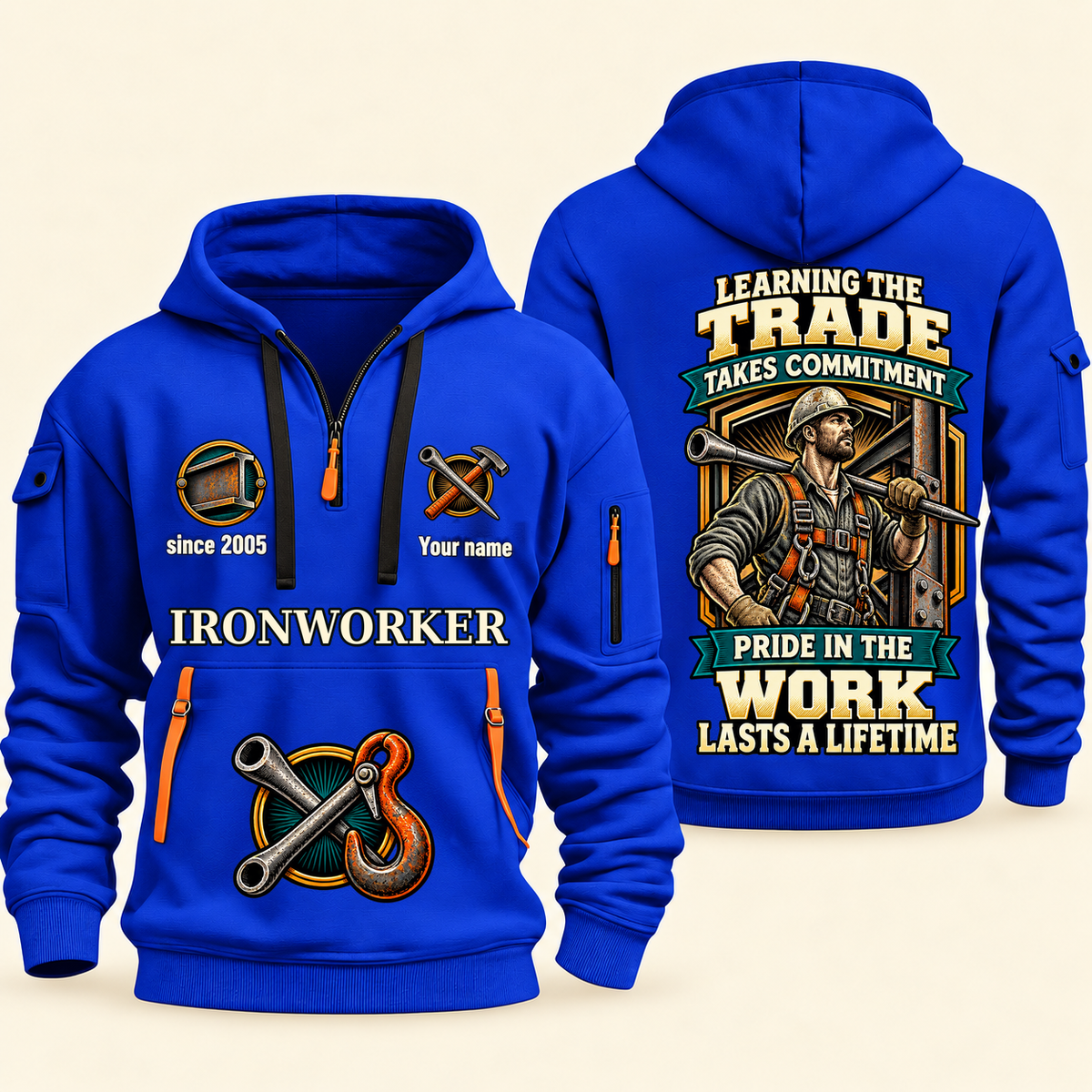 Ironworker Pride in the Trade Quarter-Zip Hoodie in Blue, authentic overlapping front and back views with ironworker artwork and source sample name/year lettering.