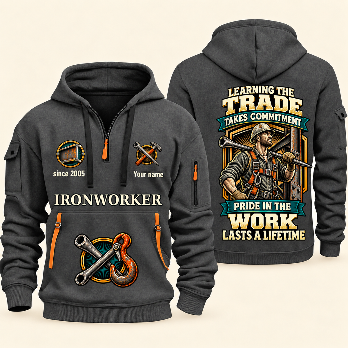 Ironworker Pride in the Trade Quarter-Zip Hoodie in Gray, authentic overlapping front and back views with ironworker artwork and source sample name/year lettering.