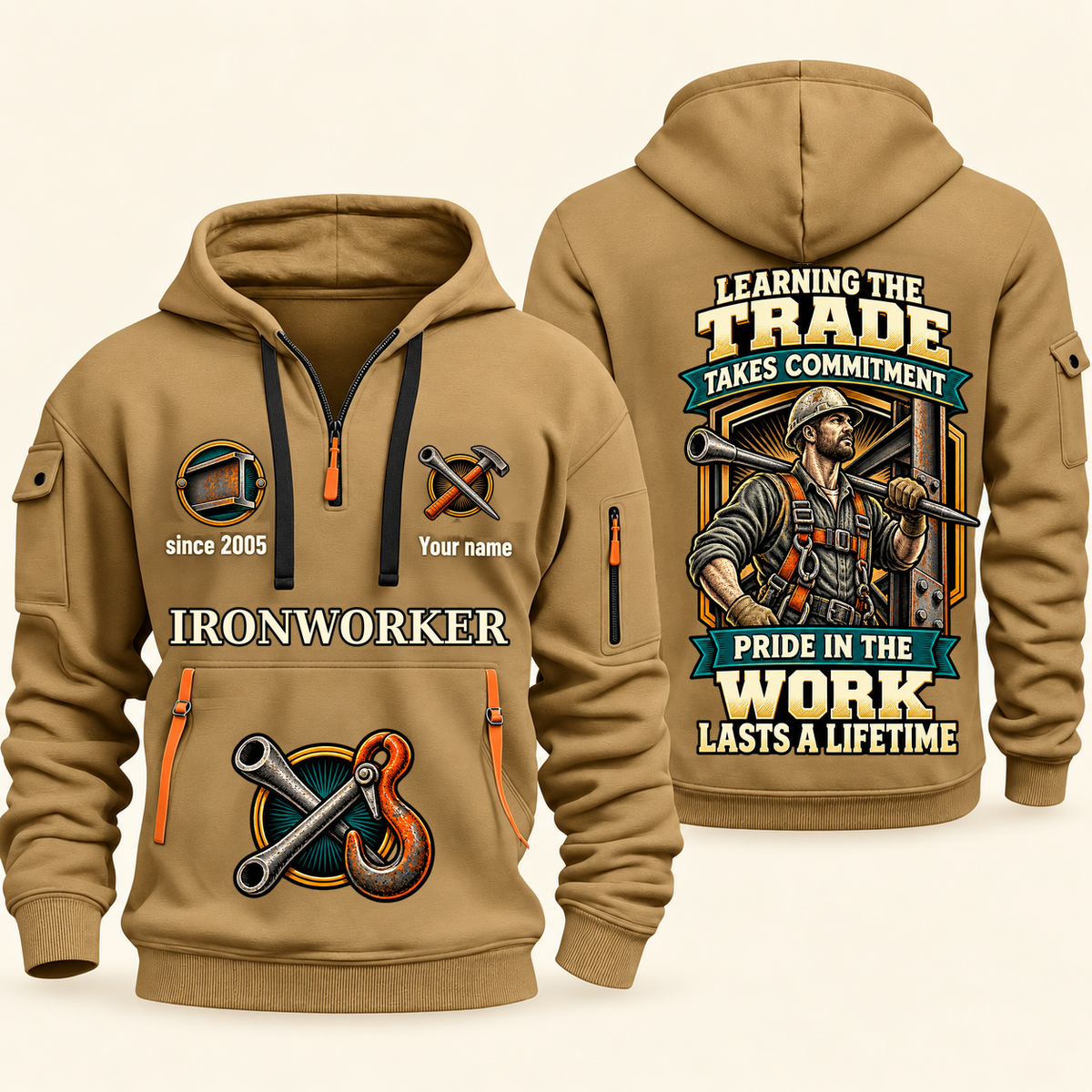 Ironworker Pride in the Trade Quarter-Zip Hoodie in Khaki, authentic overlapping front and back views with ironworker artwork and source sample name/year lettering.