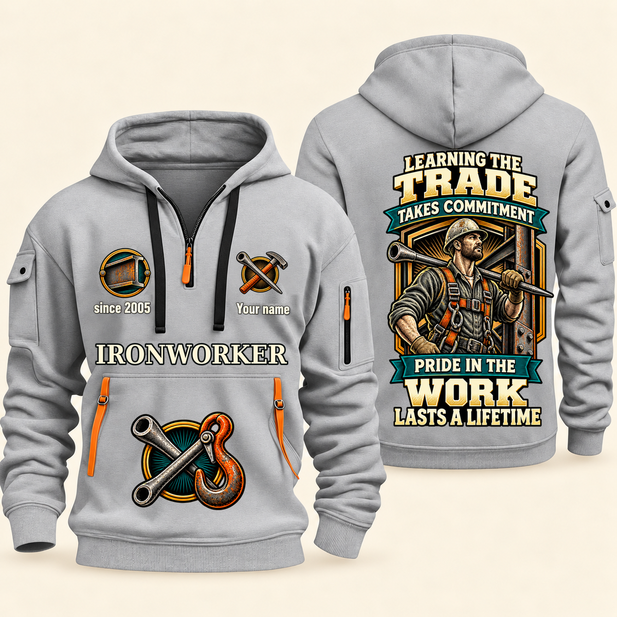 Ironworker Pride in the Trade Quarter-Zip Hoodie in Light Grey, authentic overlapping front and back views with ironworker artwork and source sample name/year lettering.